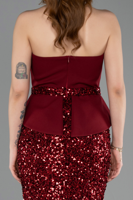 Bordo Asimetrik Straplez Yaka Peplum Uzun Pullu Abiye ABU5654
