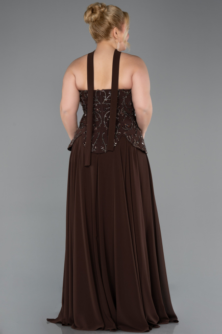 Kahve Taşlı Straplez Peplum Uzun Şifon Büyük Beden Abiye ABU5855