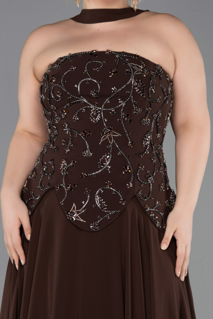 Kahve Taşlı Straplez Peplum Uzun Şifon Büyük Beden Abiye ABU5855
