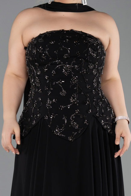 Siyah Taşlı Straplez Peplum Uzun Şifon Büyük Beden Abiye ABU5855