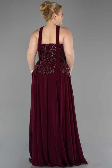 Vişne Taşlı Straplez Peplum Uzun Şifon Büyük Beden Abiye ABU5855