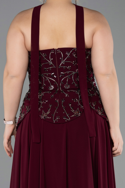 Vişne Taşlı Straplez Peplum Uzun Şifon Büyük Beden Abiye ABU5855