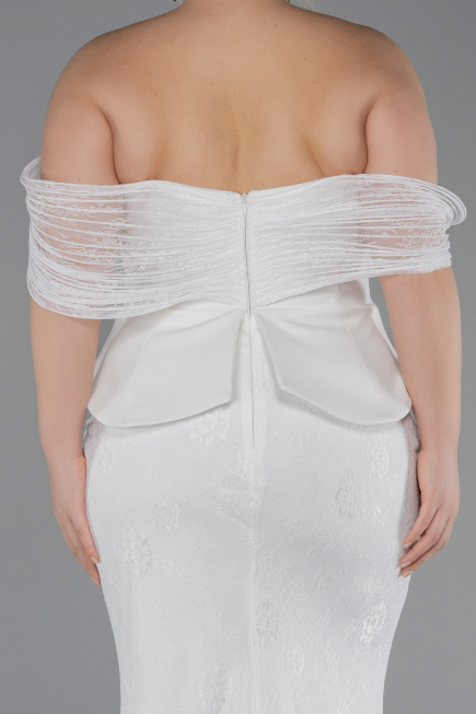 Ekru Düşük Omuz Peplum Uzun Dantel Büyük Beden Abiye ABU5876