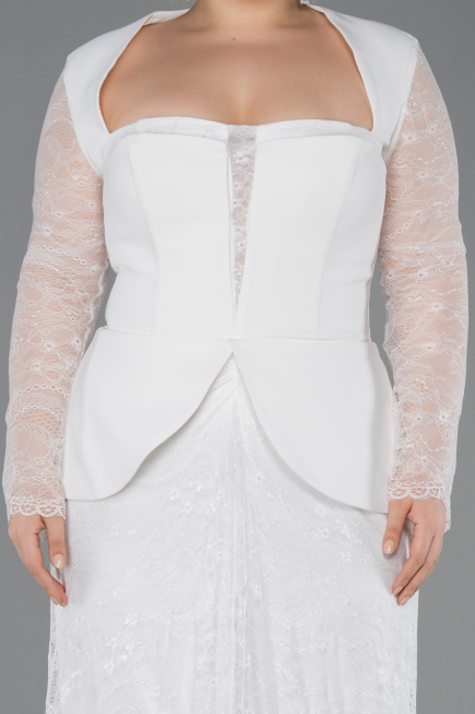Ekru Dantel Kollu Peplum Kesim Uzun Büyük Beden Abiye ABU5881