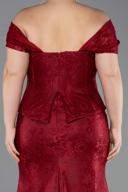 Bordo Kayık Yaka Peplum Uzun Dantel Büyük Beden Abiye ABU5824