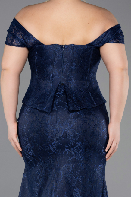 Lacivert Kayık Yaka Peplum Uzun Dantel Büyük Beden Abiye ABU5824