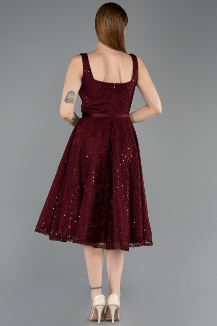 Bordo Kolsuz Kare Yaka Pullu Midi Dantel Gece Elbisesi ABK2549