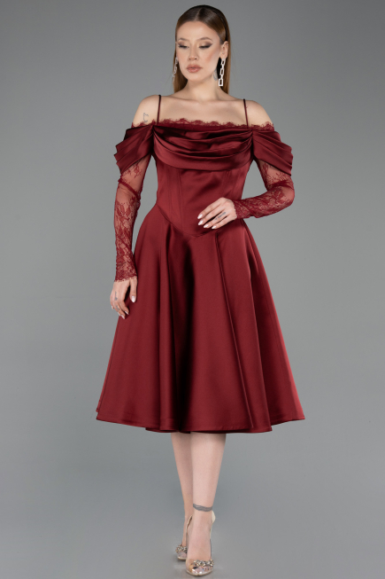 Bordo Dantelli Uzun Kol Midi Saten Davet Elbisesi ABK2552