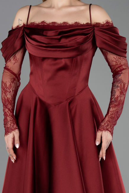 Bordo Dantelli Uzun Kol Midi Saten Davet Elbisesi ABK2552