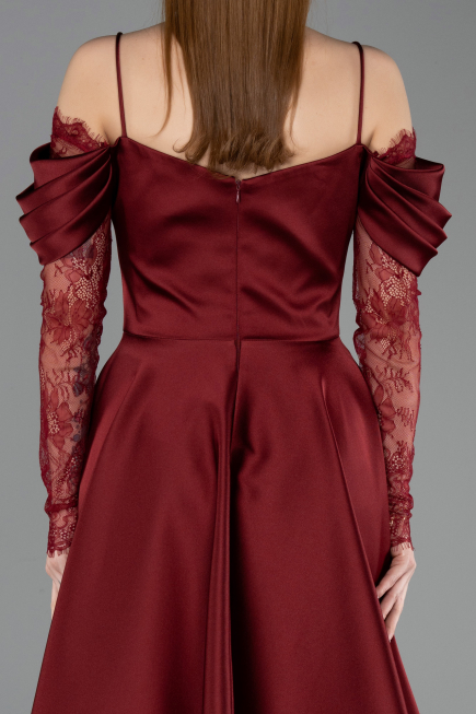 Bordo Dantelli Uzun Kol Midi Saten Davet Elbisesi ABK2552