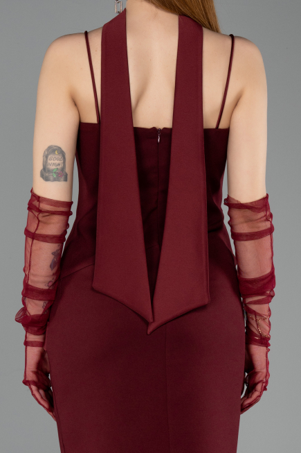 Bordo Askılı Şallı Midi Davet Elbisesi ABK2559