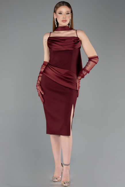 Bordo Askılı Şallı Midi Davet Elbisesi ABK2559
