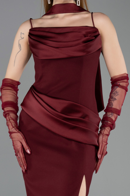 Bordo Askılı Şallı Midi Davet Elbisesi ABK2559
