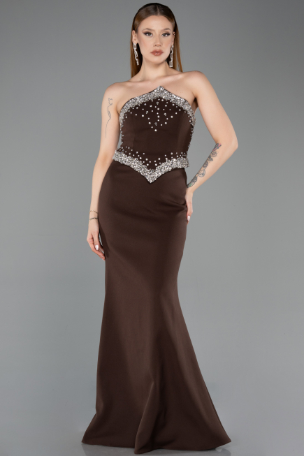 Kahve Taşlı Straplez Yaka Peplum Uzun Balık Abiye Elbise ABU5866