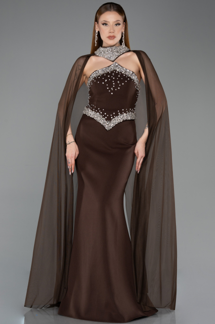 Kahve Taşlı Straplez Yaka Peplum Uzun Balık Abiye Elbise ABU5866