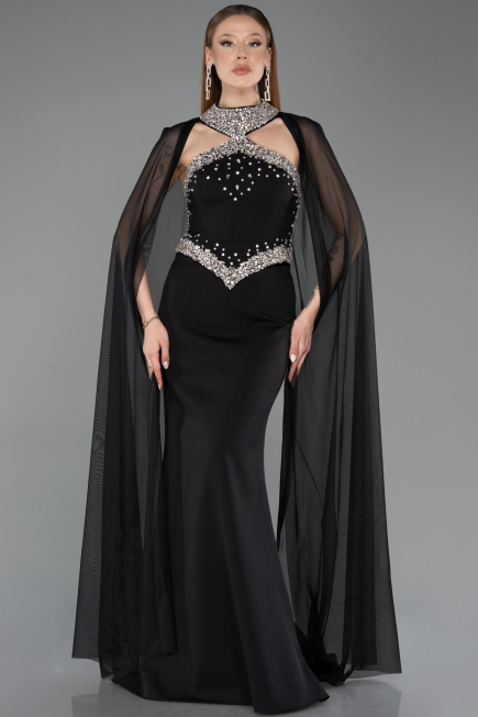Siyah Taşlı Straplez Yaka Peplum Uzun Balık Abiye Elbise ABU5866