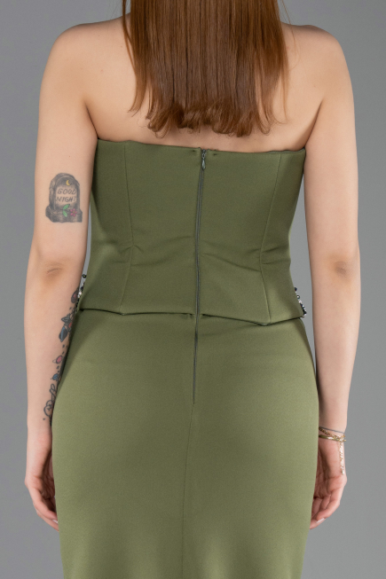 Haki Taşlı Straplez Yaka Peplum Uzun Abiye Elbise ABU5610