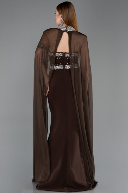 Kahve Taşlı Straplez Yaka Peplum Uzun Balık Abiye Elbise ABU5866