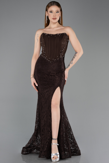 Kahve Taşlı Straplez Balenli Peplum Uzun Dantel Abiye ABU5892