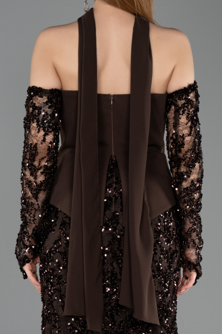 Kahve Straplez Peplum Şallı Uzun Pullu Balık Abiye ABU5896