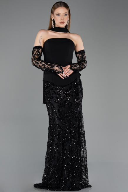 Siyah Straplez Peplum Şallı Uzun Pullu Balık Abiye ABU5896