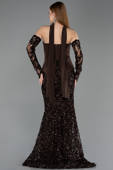 Kahve Straplez Peplum Şallı Uzun Pullu Balık Abiye ABU5896