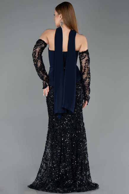 Lacivert Straplez Peplum Şallı Uzun Pullu Balık Abiye ABU5896