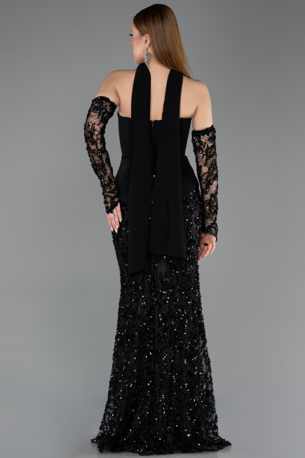 Siyah Straplez Peplum Şallı Uzun Pullu Balık Abiye ABU5896