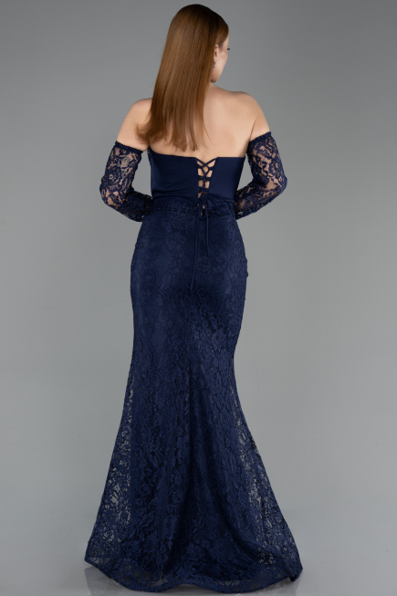 Lacivert Taşlı Straplez Balenli Peplum Uzun Dantel Abiye ABU5892