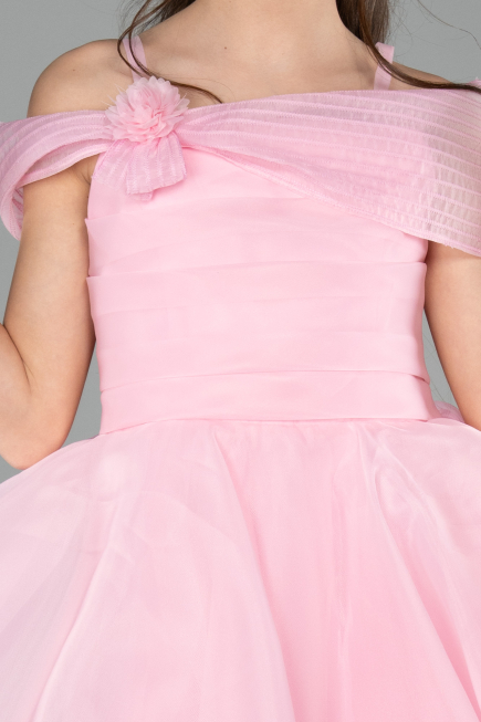 Pembe Omuz Drapeli Kısa Kız Çocuk Abiye Elbise ABK2566