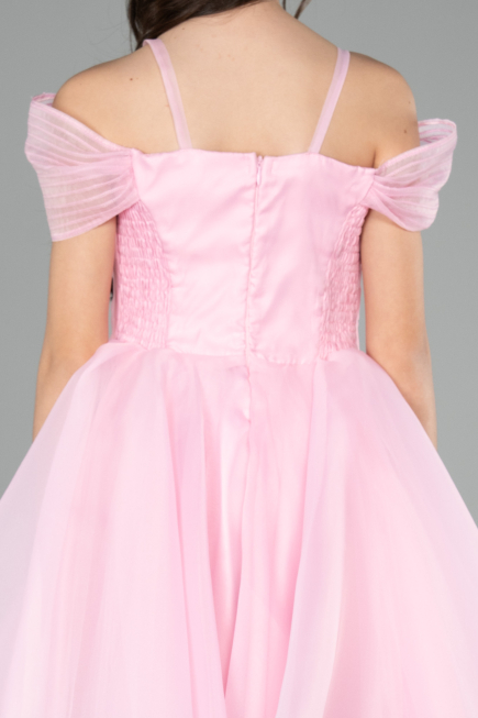 Pembe Omuz Drapeli Kısa Kız Çocuk Abiye Elbise ABK2566