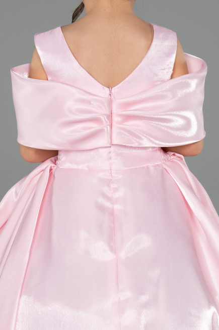 Pembe Omuz Detaylı Uzun Saten Prenses Kız Çocuk Abiye ABG172