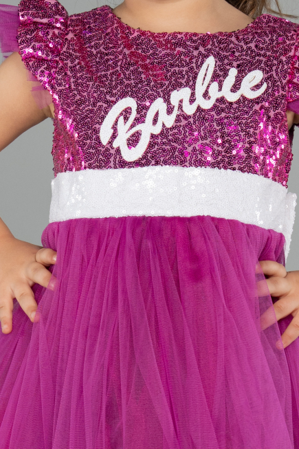 Fuşya Tokalı Üstü Pullu Barbie Kız Çocuk Abiye ABU4033