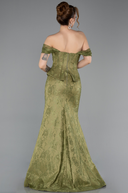 Haki Kayık Yaka Peplum Kesim Uzun Dantel Abiye Elbise ABU5609