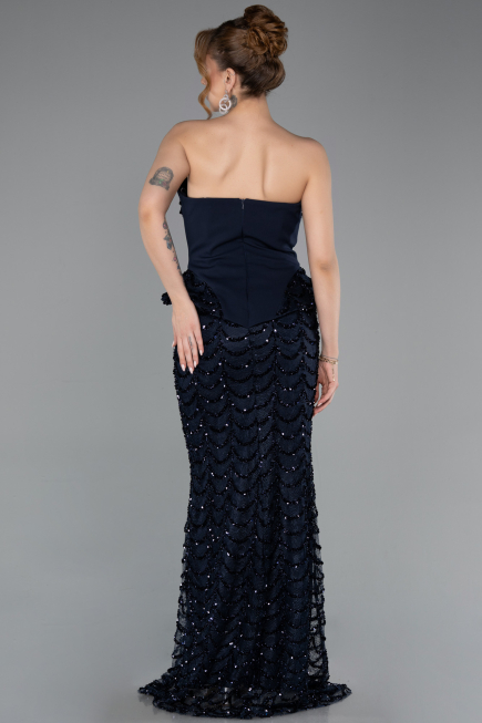 Lacivert Straplez Peplum Uzun Pullu Abiye Elbise ABU5919