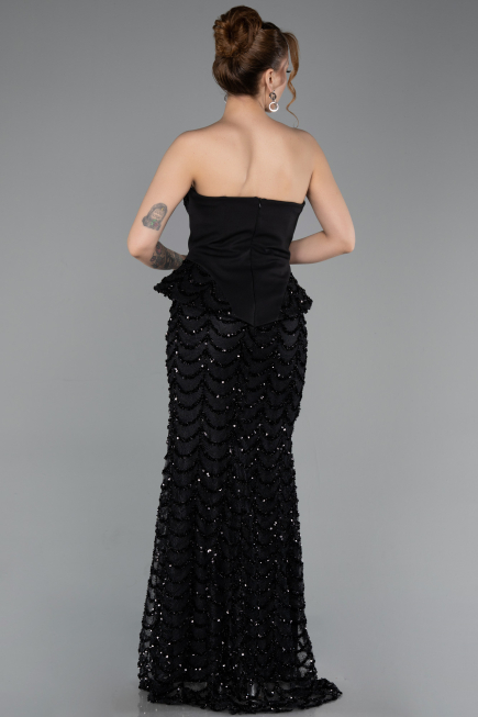 Siyah Straplez Peplum Uzun Pullu Abiye Elbise ABU5919