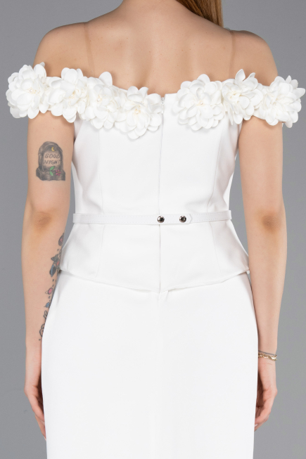Ekru Çiçekli Kayık Yaka Peplum Midi Kalem Abiye Elbise ABK2583