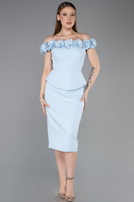Buz Mavisi Çiçekli Kayık Yaka Peplum Midi Kalem Abiye Elbise ABK2583