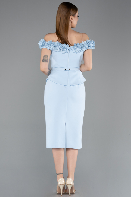 Buz Mavisi Çiçekli Kayık Yaka Peplum Midi Kalem Abiye Elbise ABK2583