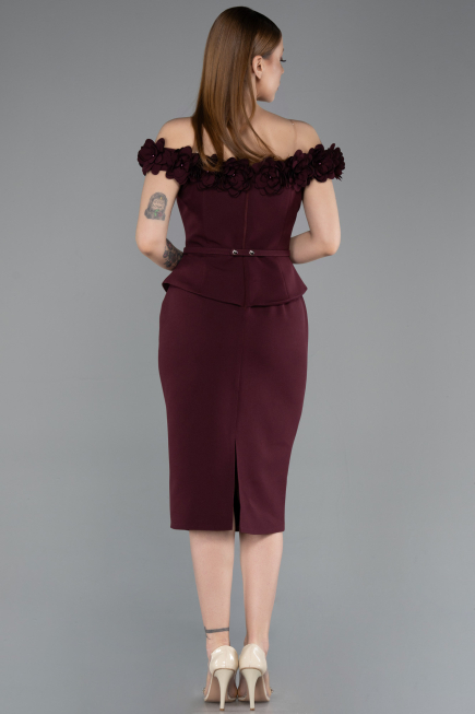 Vişne Çiçekli Kayık Yaka Peplum Midi Kalem Abiye Elbise ABK2583