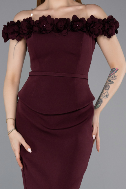 Vişne Çiçekli Kayık Yaka Peplum Midi Kalem Abiye Elbise ABK2583