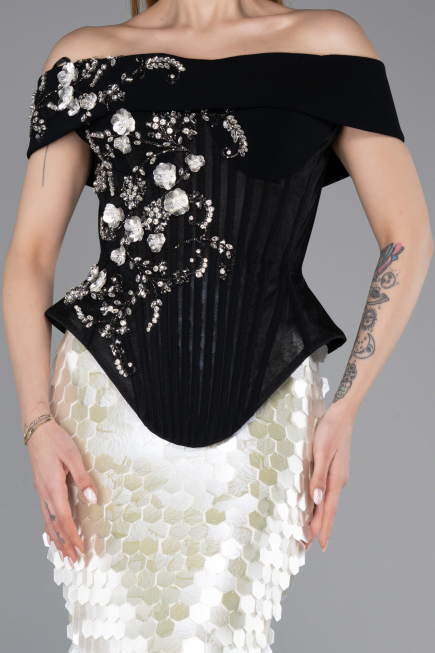 Siyah-Beyaz Peplum Detay Balık Pullu Özel Tasarım Abiye ABU5952