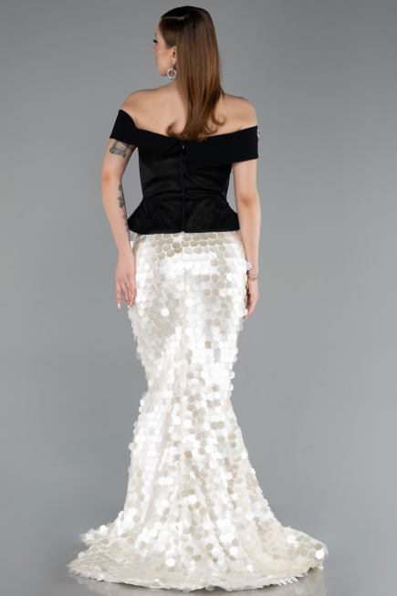 Siyah-Beyaz Peplum Detay Balık Pullu Özel Tasarım Abiye ABU5952