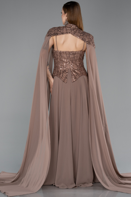 Bakır Üstü Boncuklu Uzun Şal Aksesuarlı Uzun Şifon Abiye ABU5931