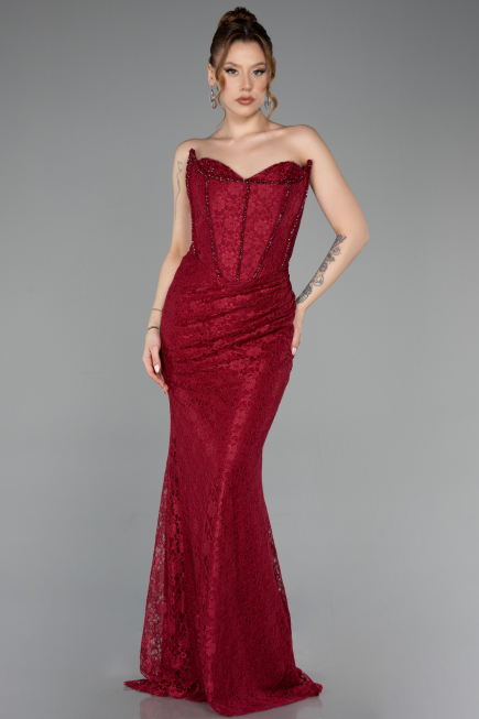 Bordo Straplez Korse Detay Uzun Dantel Abiye Elbise ABU5815