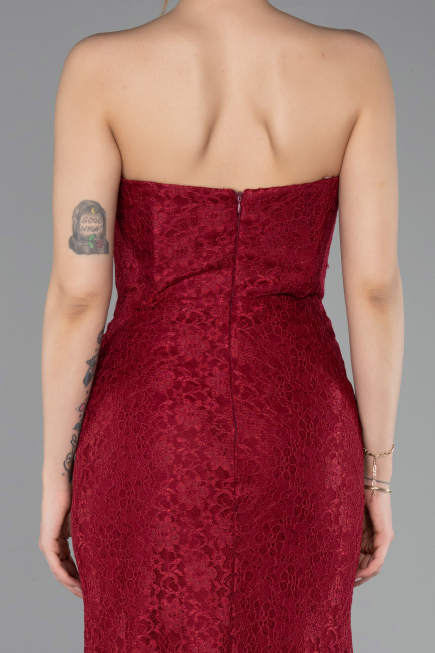 Bordo Straplez Korse Detay Uzun Dantel Abiye Elbise ABU5815