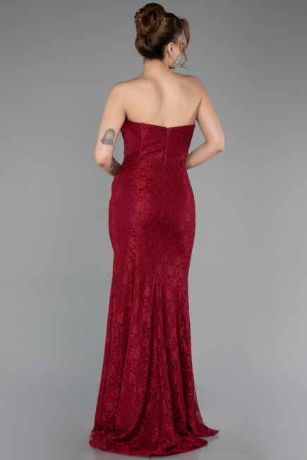 Bordo Straplez Korse Detay Uzun Dantel Abiye Elbise ABU5815