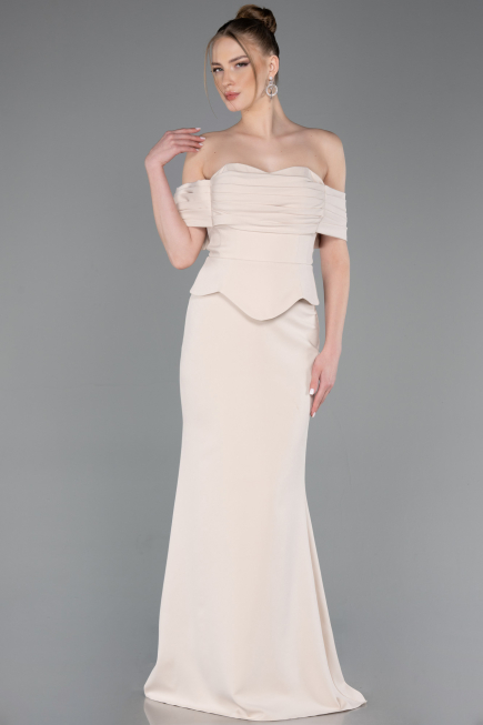 Bej Straplez Peplum Kesim Uzun Abiye Elbise ABU5559