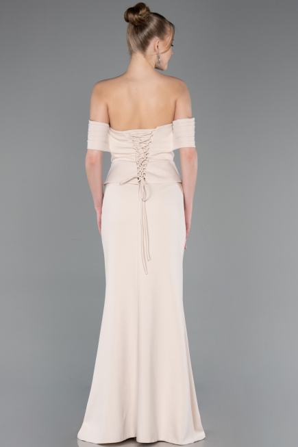 Bej Straplez Peplum Kesim Uzun Abiye Elbise ABU5559