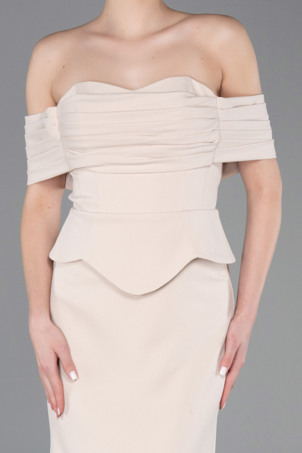 Bej Straplez Peplum Kesim Uzun Abiye Elbise ABU5559